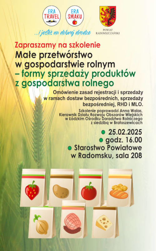 Grafika /Zaproszenie na bezpłatne szkolenie - Małe przetwórstwo w gospodarstwie rolnym