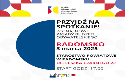 Grafika /Zaproszenie na spotkanie warsztatowe z Budżetem Obywatelskim Województwa Łódzkiego - jak wydać 8 mln zł. Powiat Radomszczański. 