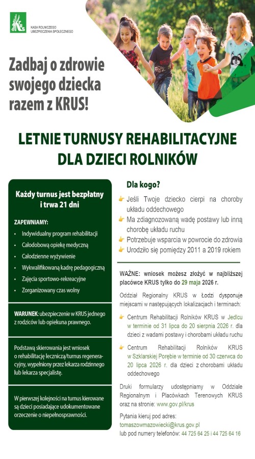 Grafika / KRUS Bezpłatne turnusy rehabilitacyjne dla dzieci w 2026r.
